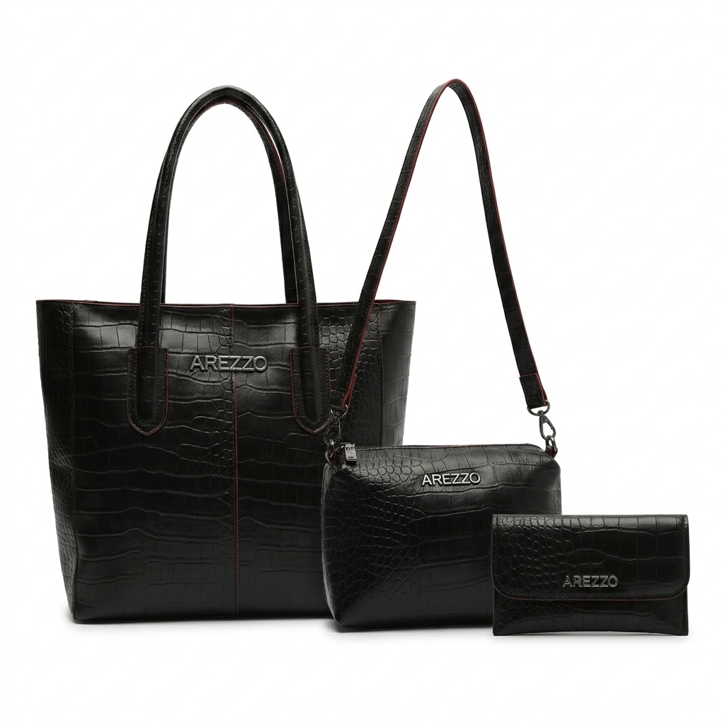 Kit Arezzo Croco 3 em 1 - Bolsa Tote, Bolsa Transversal e Carteira