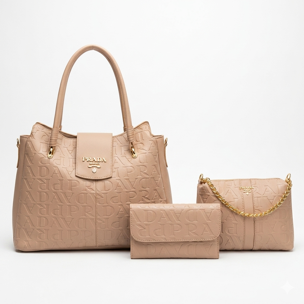 Kit Prada Elegance 3 em 1 – Bolsa Transversal, Bolsa de Ombro e Carteira Texturizada
