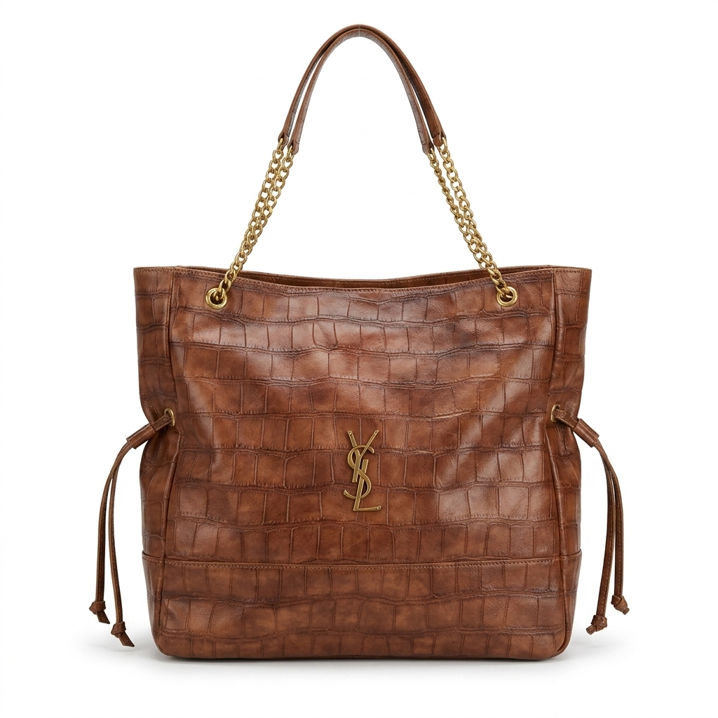 Bolsa Tote Grande YSL em Couro Croco