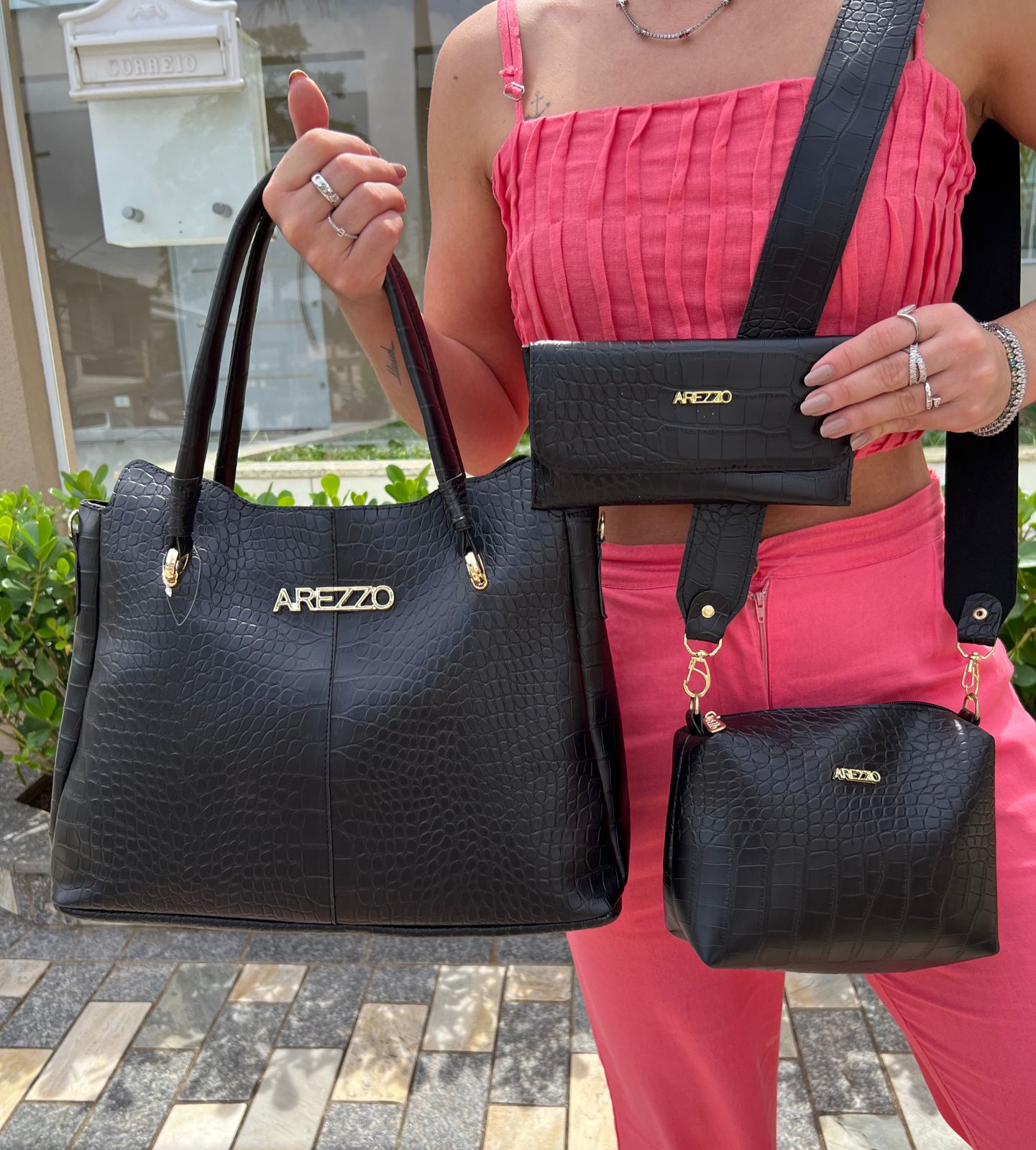 Kit Arezzo Croco 3 em 1 - Bolsa Tote, Bolsa Transversal e Carteira