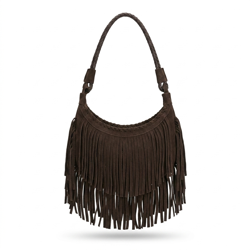 Bolsa de Ombro com Franjas em Suede