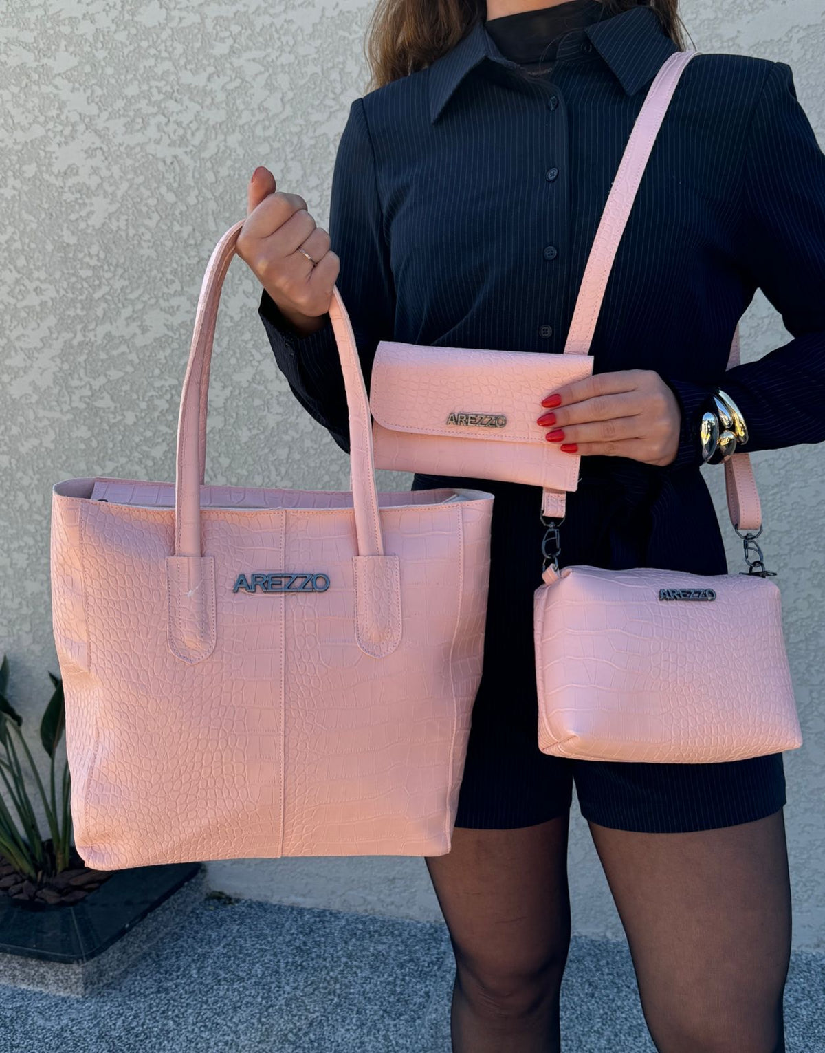 Kit Arezzo Croco 3 em 1 - Bolsa Tote, Bolsa Transversal e Carteira