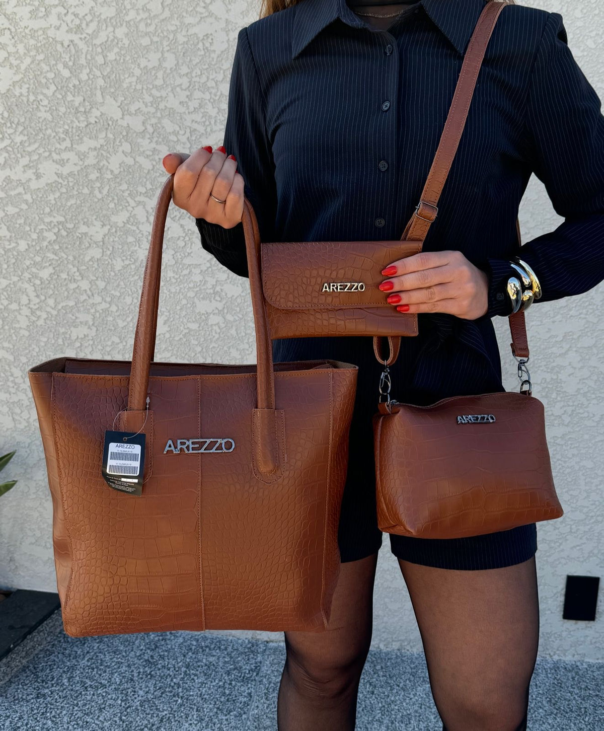 Kit Arezzo Croco 3 em 1 - Bolsa Tote, Bolsa Transversal e Carteira