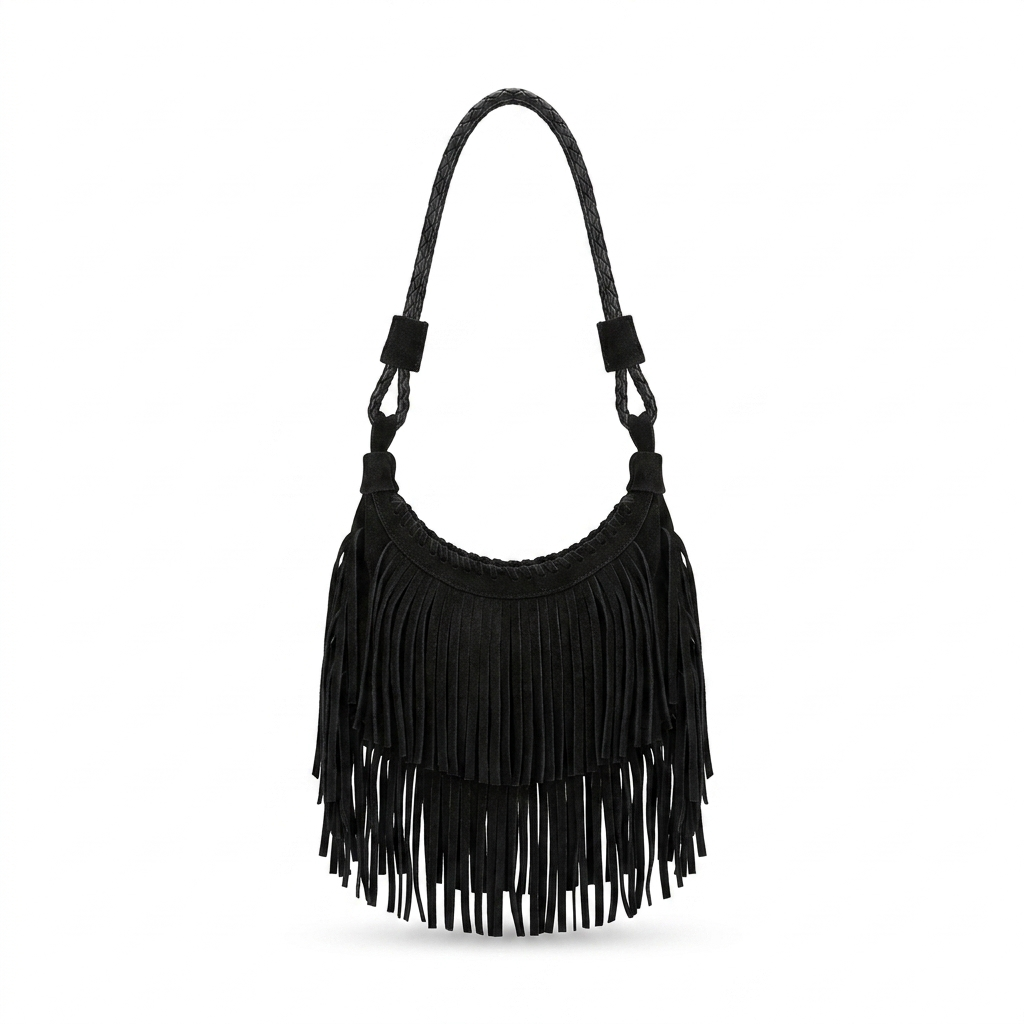 Bolsa de Ombro com Franjas em Suede