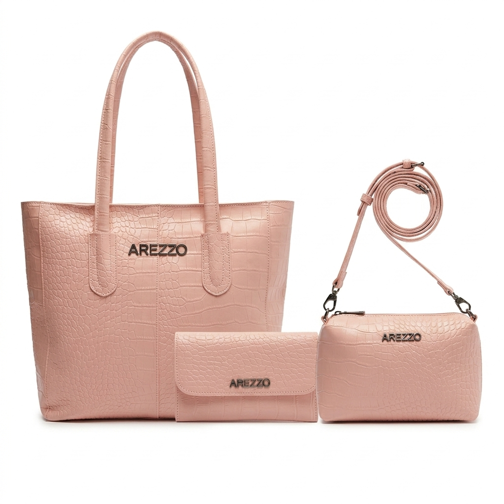 Kit Arezzo Croco 3 em 1 - Bolsa Tote, Bolsa Transversal e Carteira