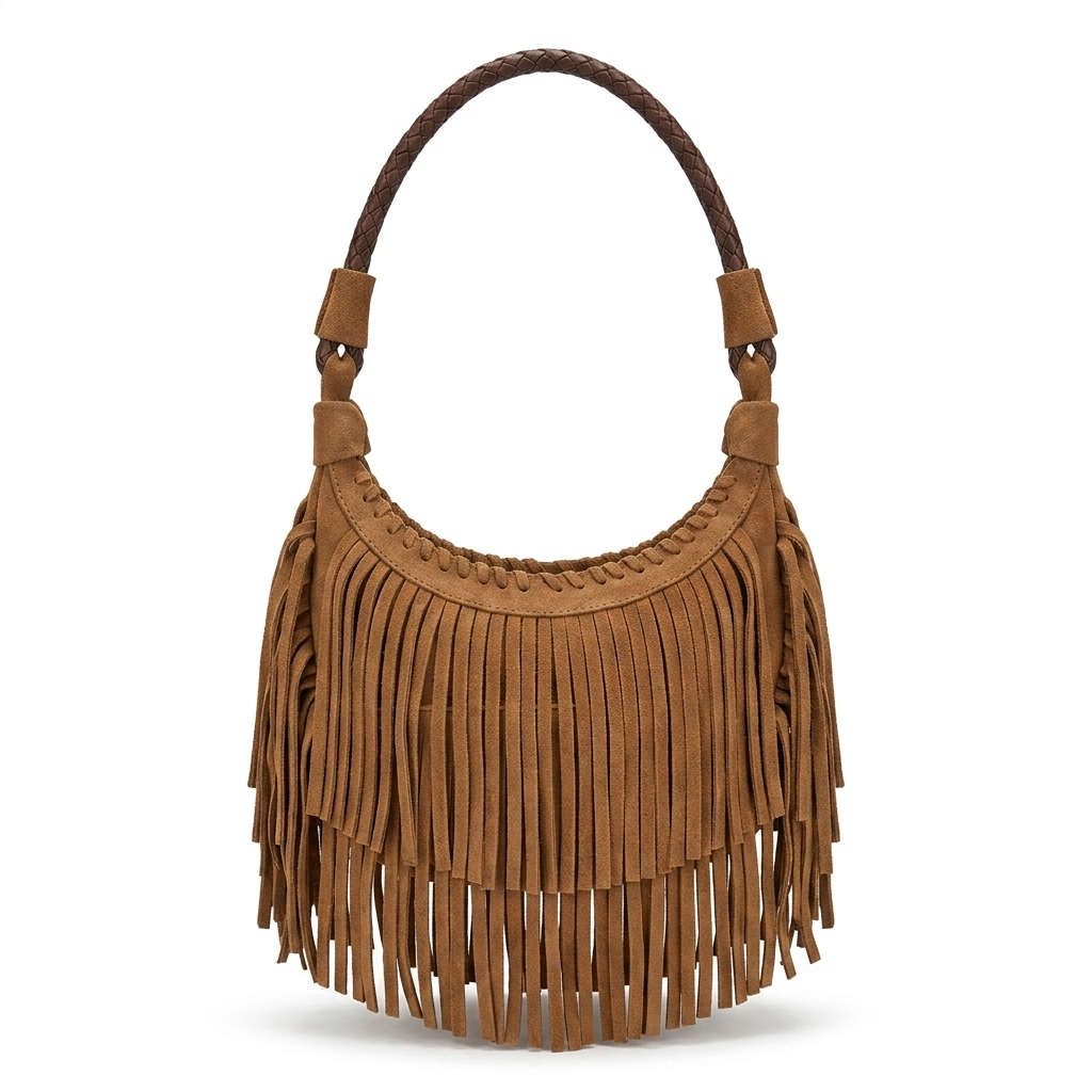Bolsa de Ombro com Franjas em Suede
