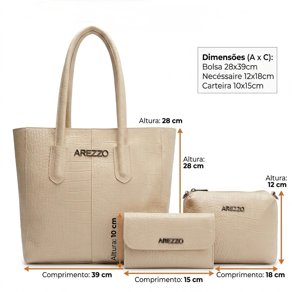 Kit Arezzo Croco 3 em 1 - Bolsa Tote, Bolsa Transversal e Carteira