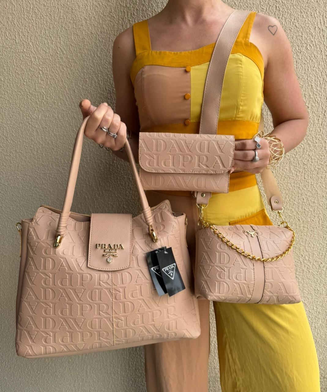 Kit Prada Elegance 3 em 1 – Bolsa Transversal, Bolsa de Ombro e Carteira Texturizada