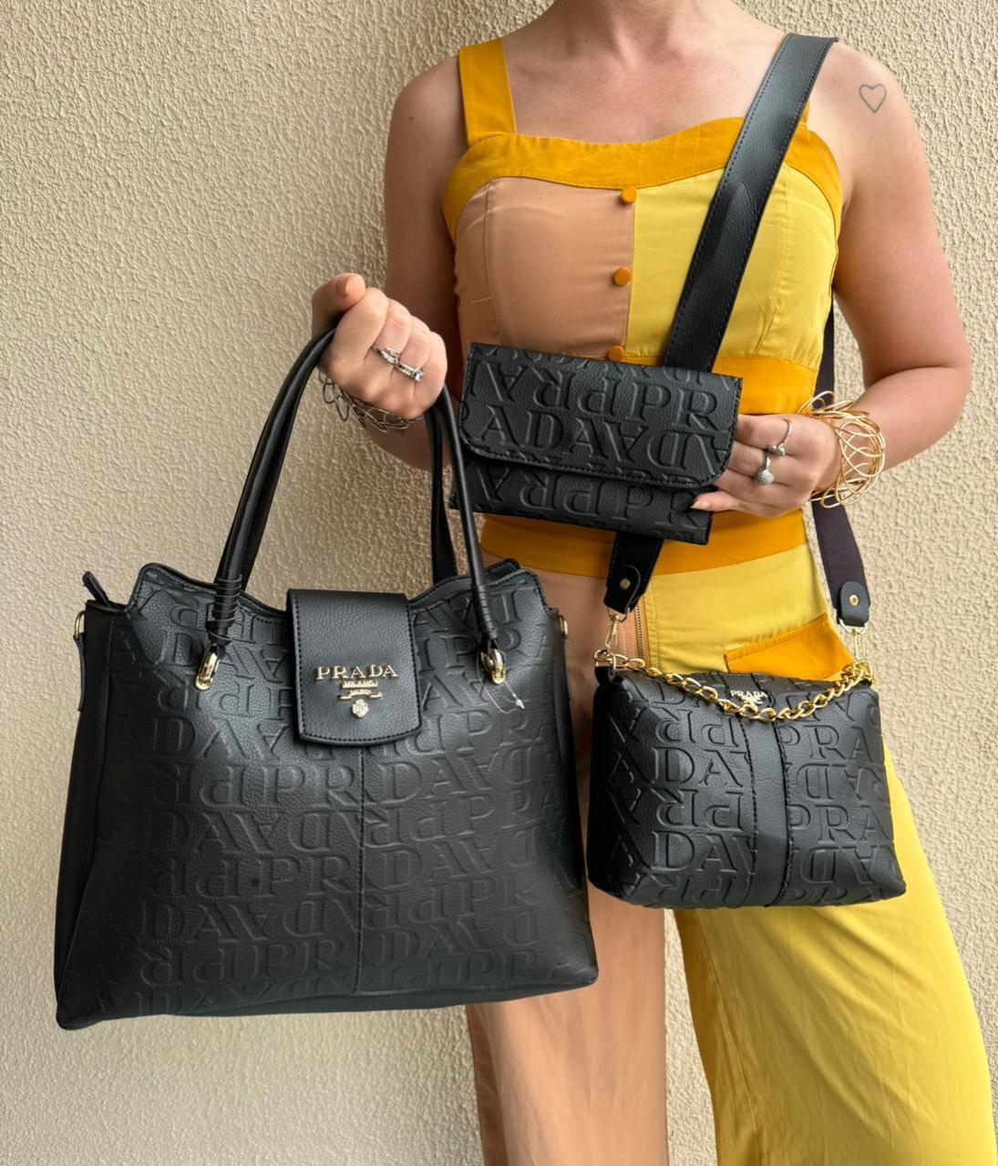 Kit Prada Elegance 3 em 1 – Bolsa Transversal, Bolsa de Ombro e Carteira Texturizada