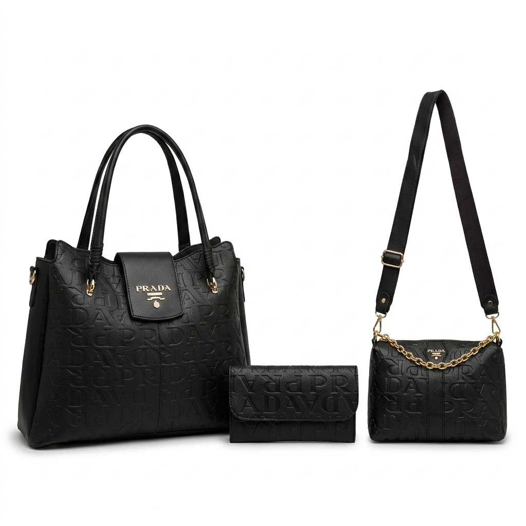 Kit Prada Elegance 3 em 1 – Bolsa Transversal, Bolsa de Ombro e Carteira Texturizada