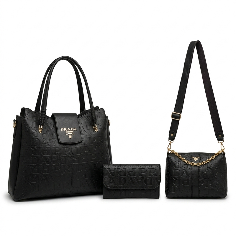 Kit Prada Elegance 3 em 1 – Bolsa Transversal, Bolsa de Ombro e Carteira Texturizada