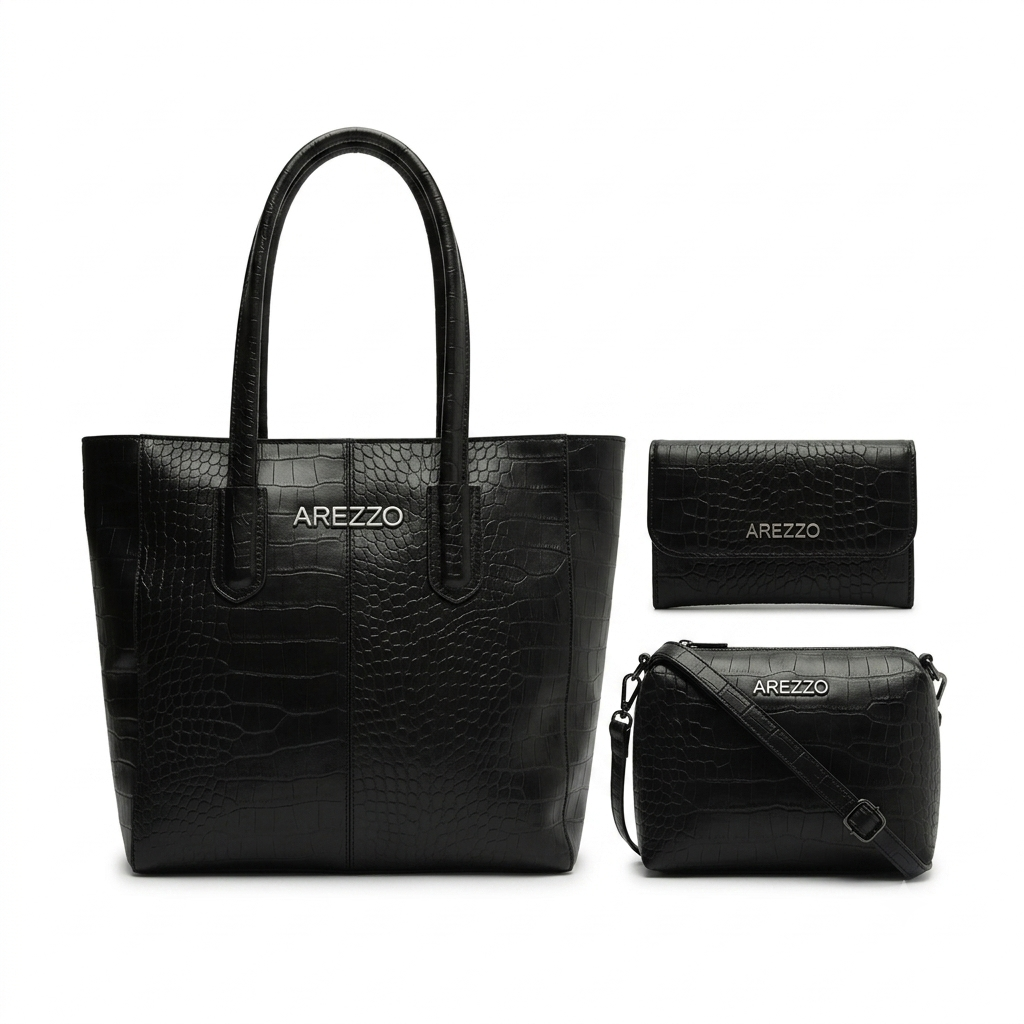 Kit Arezzo Croco 3 em 1 - Bolsa Tote, Bolsa Transversal e Carteira