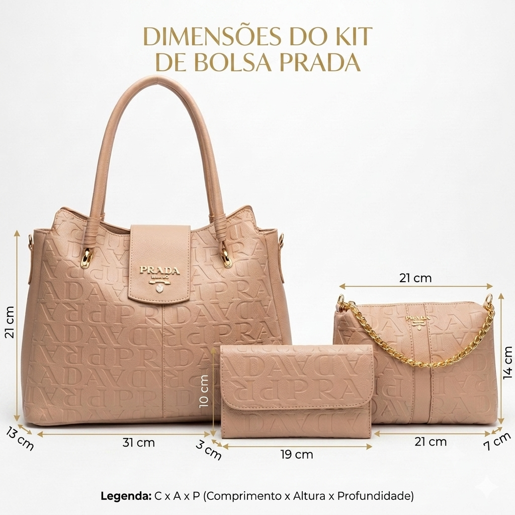 Kit Prada Elegance 3 em 1 – Bolsa Transversal, Bolsa de Ombro e Carteira Texturizada