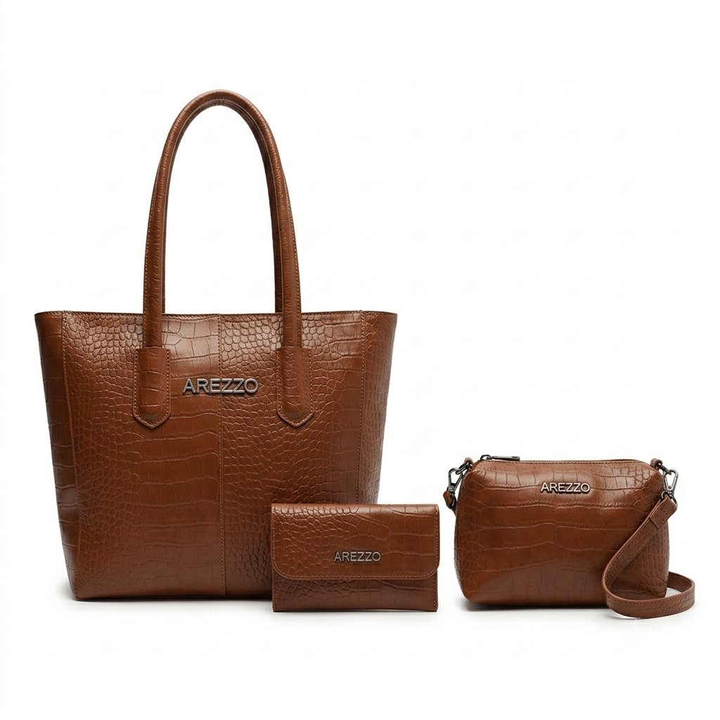 Kit Arezzo Croco 3 em 1 - Bolsa Tote, Bolsa Transversal e Carteira