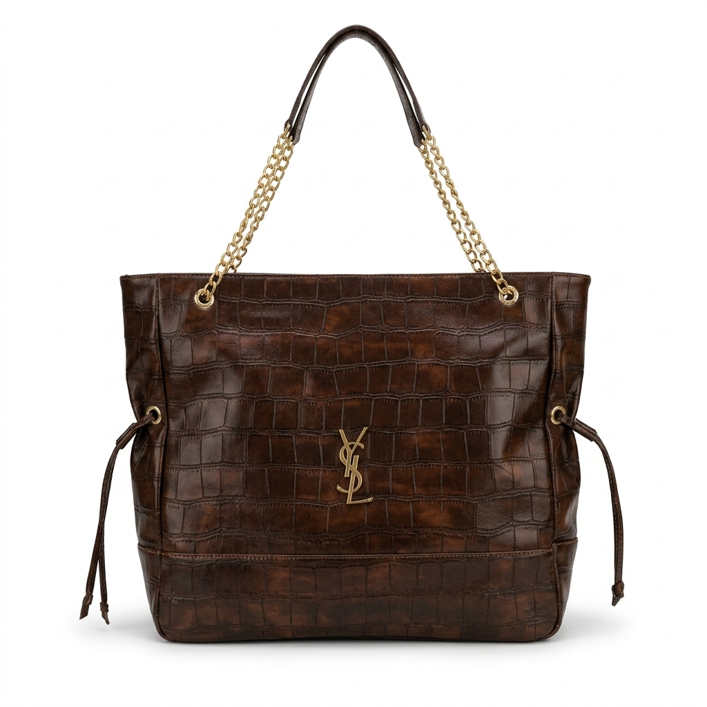 Bolsa Tote Grande YSL em Couro Croco