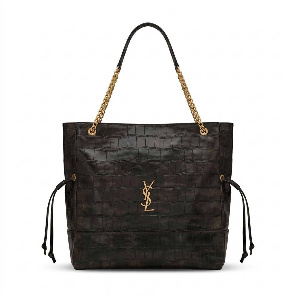 Bolsa Tote Grande YSL em Couro Croco