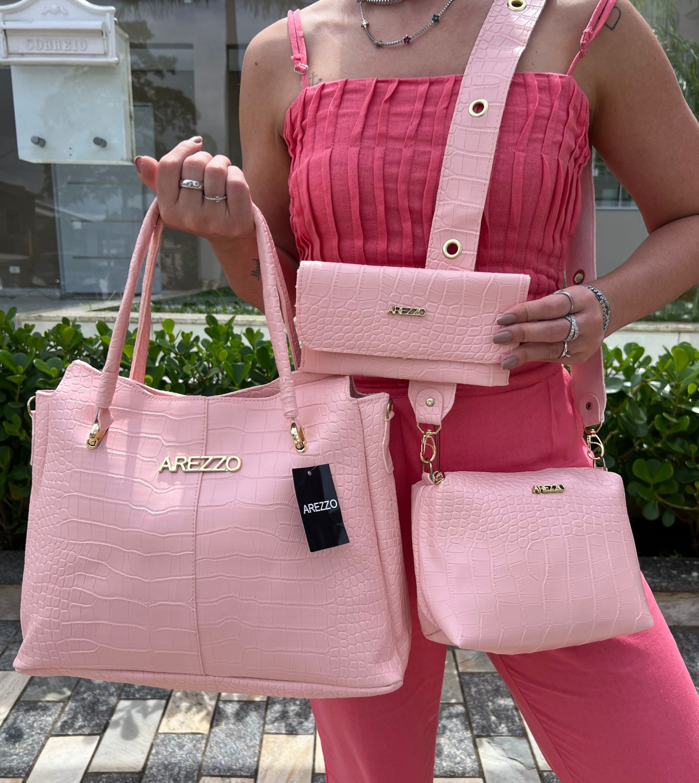 Kit Arezzo Croco 3 em 1 - Bolsa Tote, Bolsa Transversal e Carteira