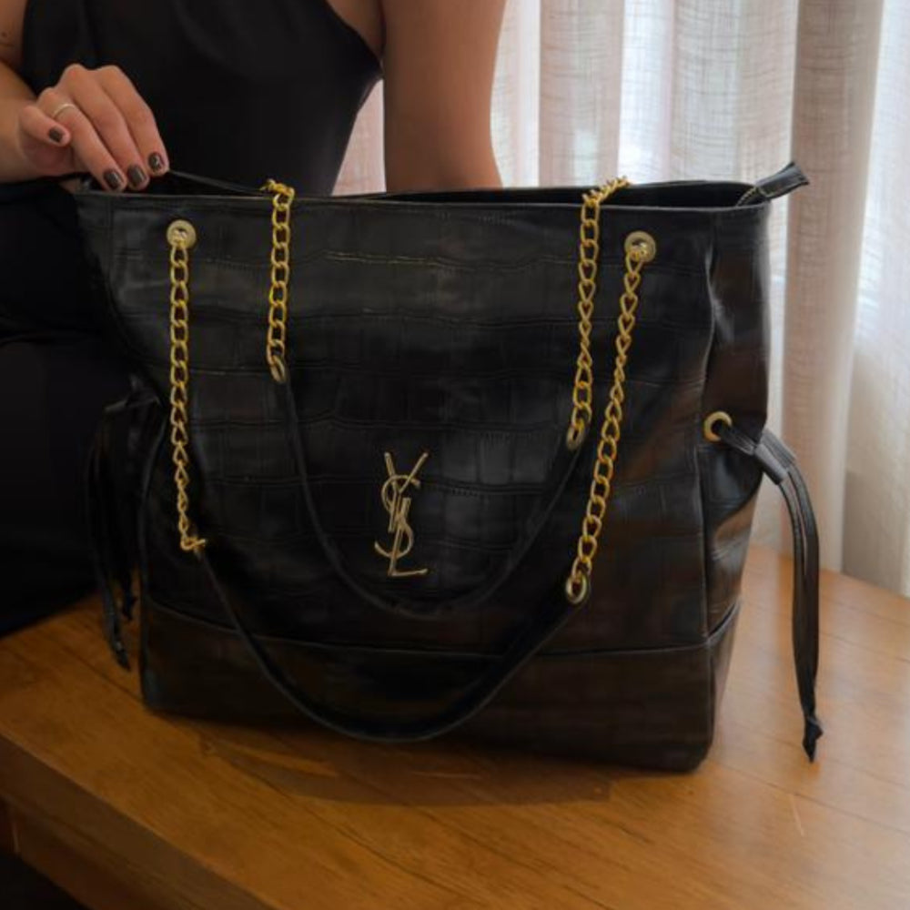 Bolsa Tote Grande YSL em Couro Croco