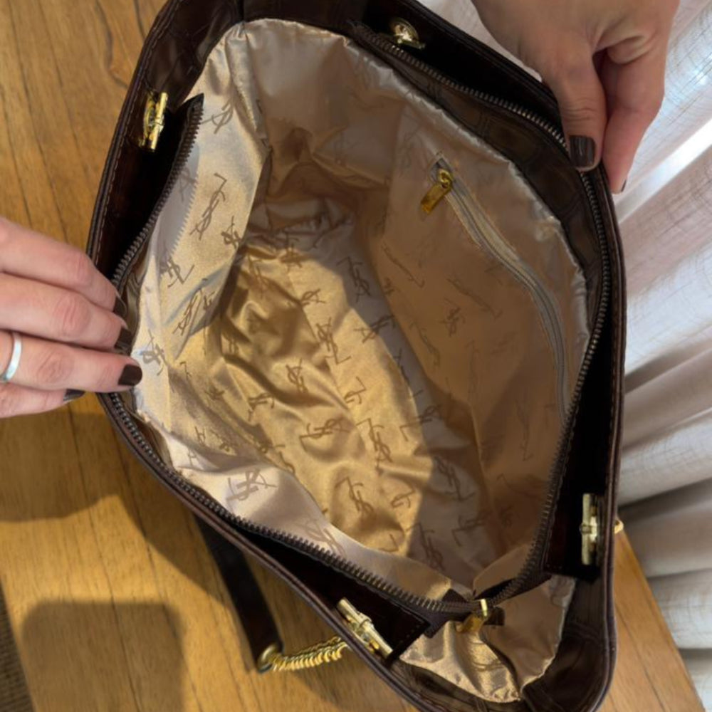 Bolsa Tote Grande YSL em Couro Croco